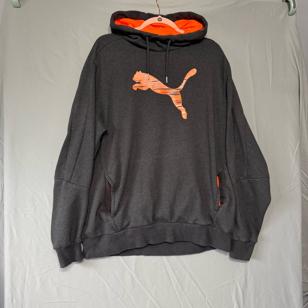 Puma Mens Gray Orange Hoodie Size XL Pullover Camping Hiking Fishing Cozy